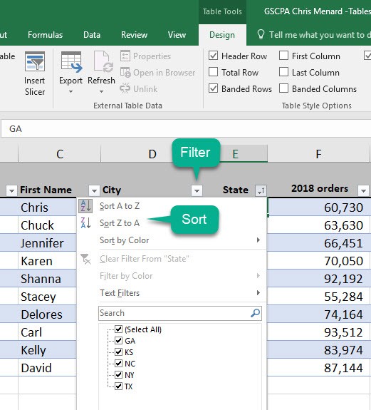 Filter sort table