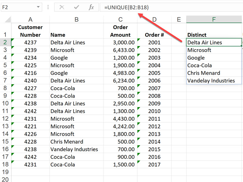 Unique Function In Excel 2016