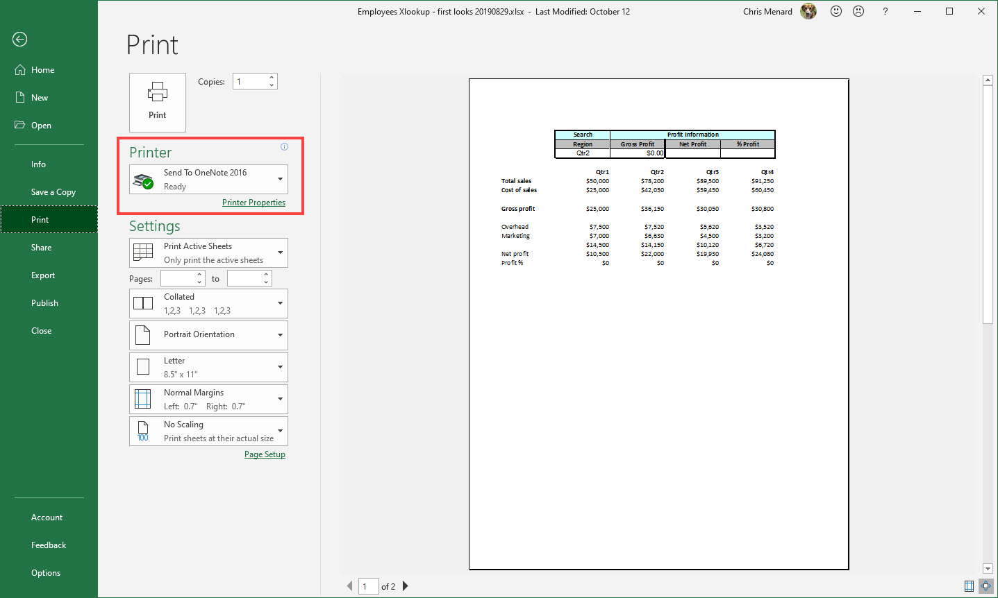 Selecting Send to OneNote in the print dialog