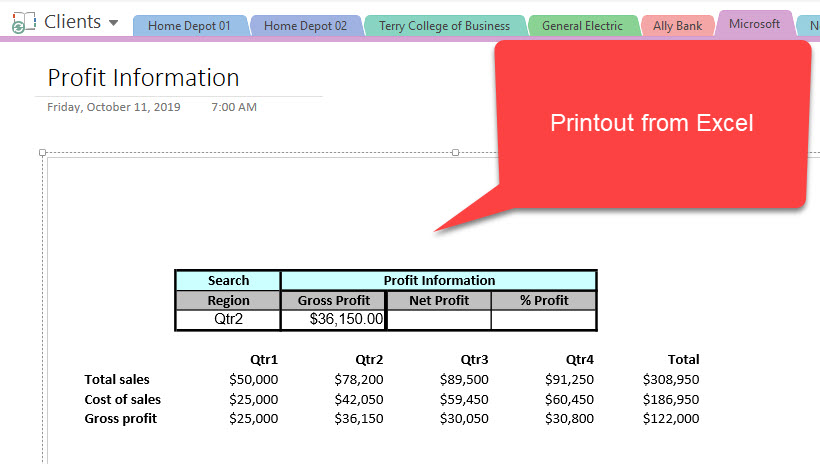 Printout from Excel appears in OneNote as a new page