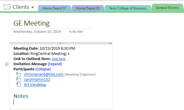 Meeting details inserted into OneNote from Outlook