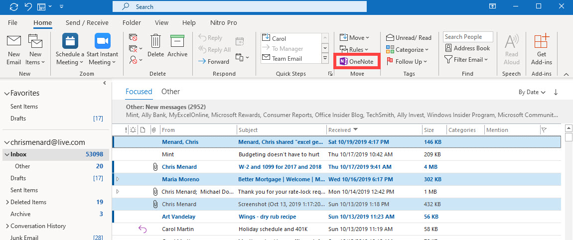 Select e-mails in Outlook to send to OneNote