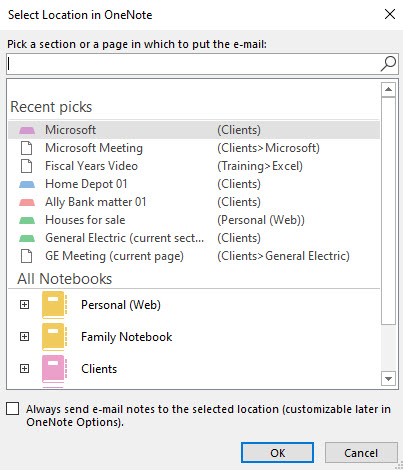 Selection pop-up to decide where e-mails should be inserted into OneNote