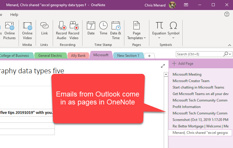 E-mails from Outlook are added as new pages in OneNote