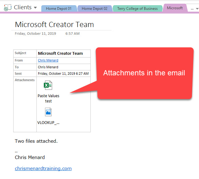 Attachment from Outlook e-mails are also inserted into OneNote