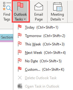 Drop-down on the ribbon allows creating tasks from OneNote to Outlook