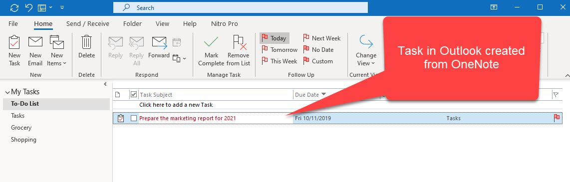 Tasks sent from OneNote appear in Outlook.
