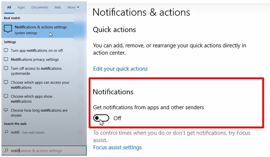 Turning off notifications on Windows