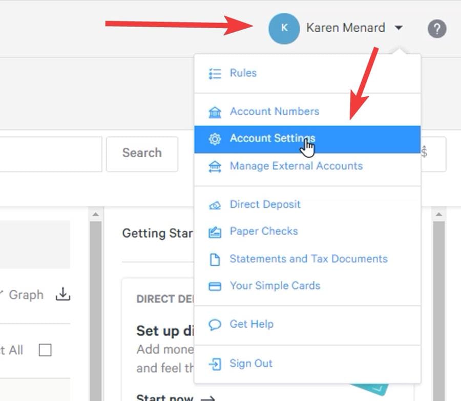 Account settings in Simple Bank account Account settings in Simple Bank account