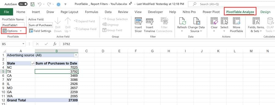 PivotTable Analyze - Options PivotTable Analyze - Options