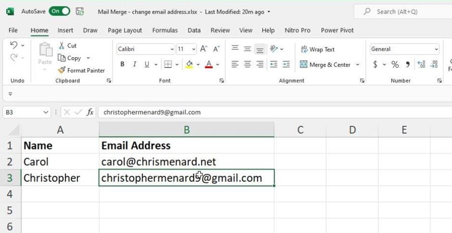 Create a test Excel file with a couple of personal emails in it Create a test Excel file with a couple of personal emails in it