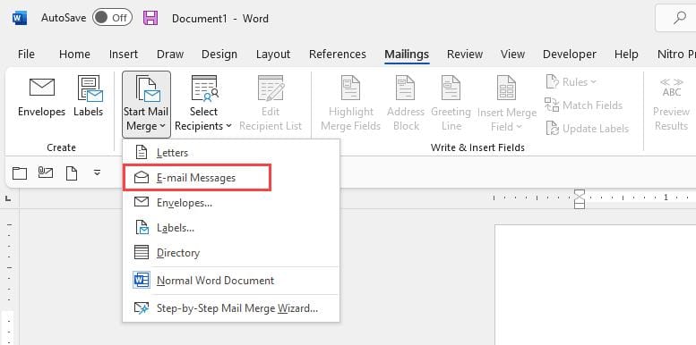 Start a new E-mail Messages Mail Merge in Microsoft Word Start a new E-mail Messages Mail Merge in Microsoft Word