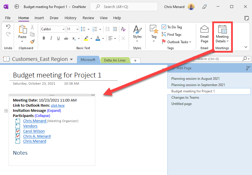 Meeting details inserted into OneNote Meeting details inserted into OneNote