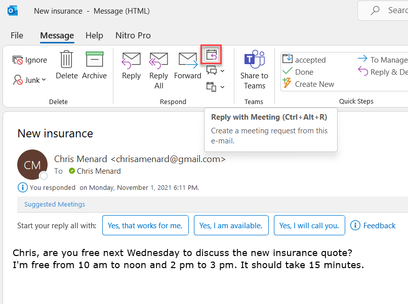 Reply with Meeting in Outlook Reply with Meeting in Outlook