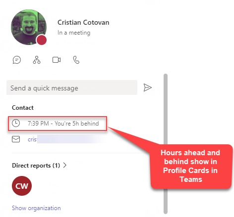 Hours ahead and behind show in Teams Profile Cards Hours ahead and behind show in Teams Profile Cards