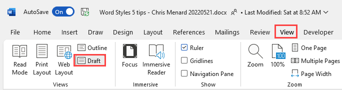 View Tab - Draft in Views Group - MS Word View Tab - Draft in Views Group - MS Word