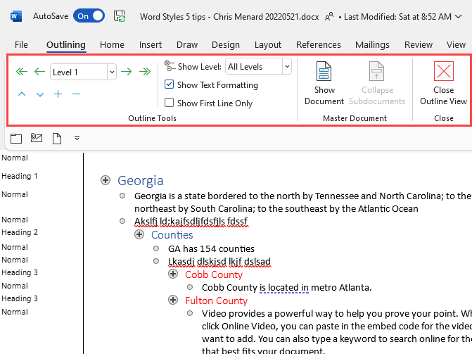 Outline View in MS Word Outline View in MS Word