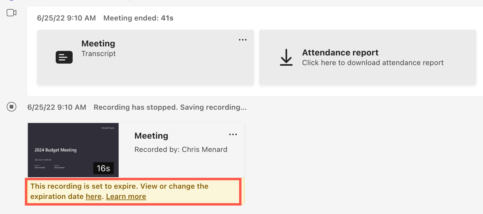 Teams Meeting Recordings set to expire Teams Meeting Recordings set to expire