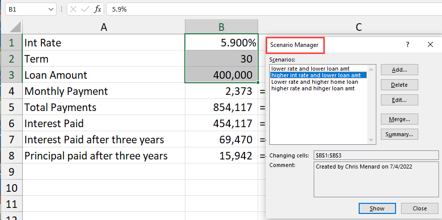 Scenario Manager in Excel