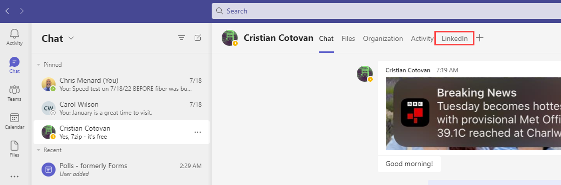 LinkedIn tab in Teams Chat LinkedIn tab in Teams Chat