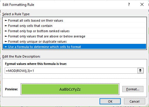Conditional Formatting with MOD and ROW function Conditional Formatting with MOD and ROW function