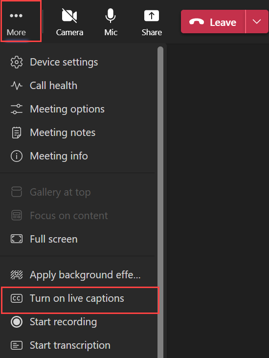 Teams - Turn on Live Captions
