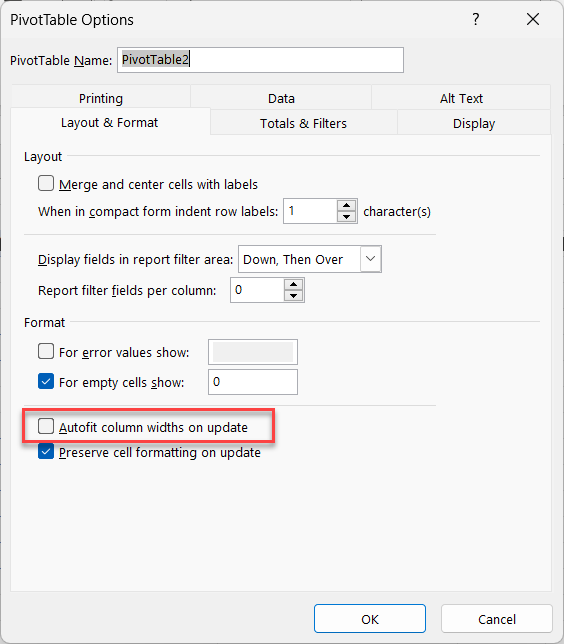 PivotTable Options - Autofit column widths on update PivotTable Options - Autofit column widths on update