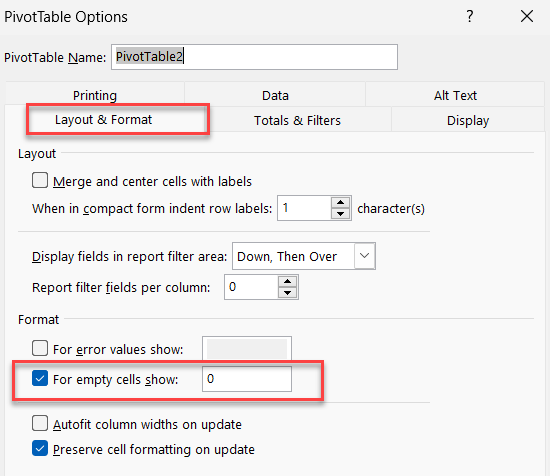 PivotTable - For empty cells show PivotTable - For empty cells show