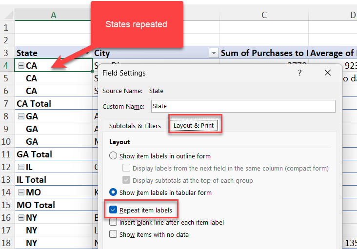 Repeat item labels in PivotTables Repeat item labels in PivotTables