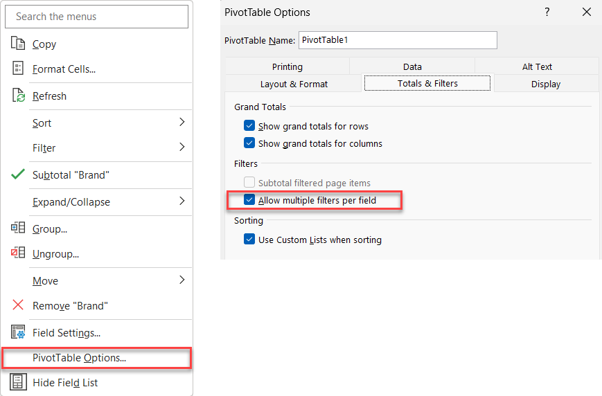 PivotTable Options - Allow multiple filters per field PivotTable Options - Allow multiple filters per field