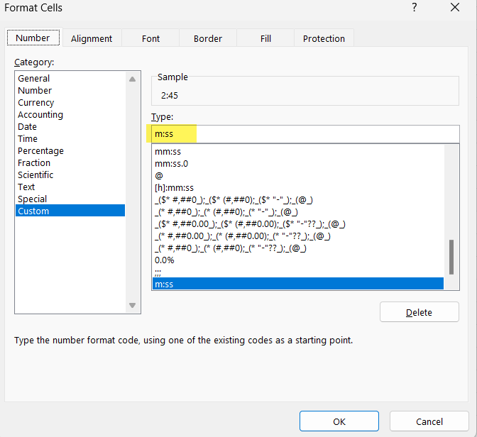 Format cells- Show Minutes and Seconds Format cells- Show Minutes and Seconds