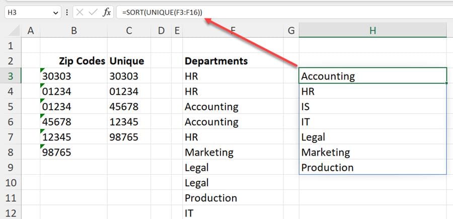 SORT and UNIQUE Functions combined