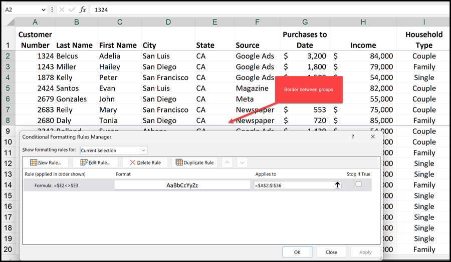 Break between groups in Excel Break between groups in Excel