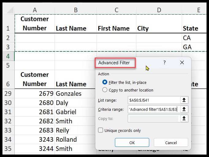 Excel Advanced Filter