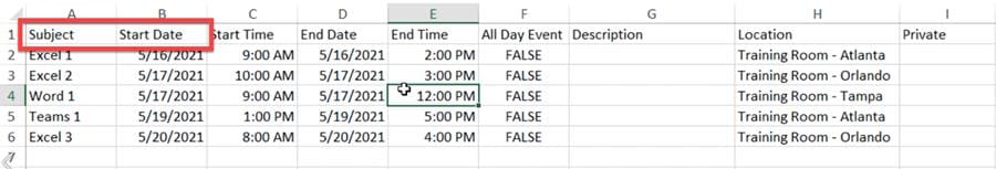 Example of Excel file with required fields for import into Google Calendar