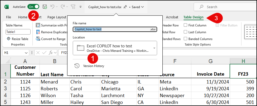 Copilot - 1) OneDrive 2) AutoSave on 3) Table Copilot - 1) OneDrive 2) AutoSave on 3) Table