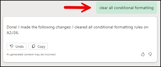 Copilot in Excel - Clear conditional formatting Copilot in Excel - Clear conditional formatting