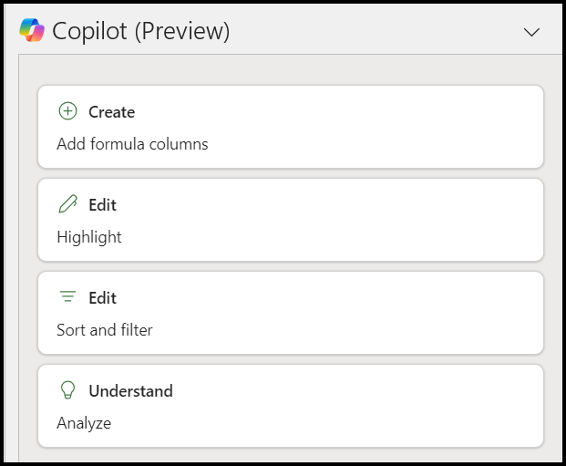 Copilot features in Excel Copilot features in Excel
