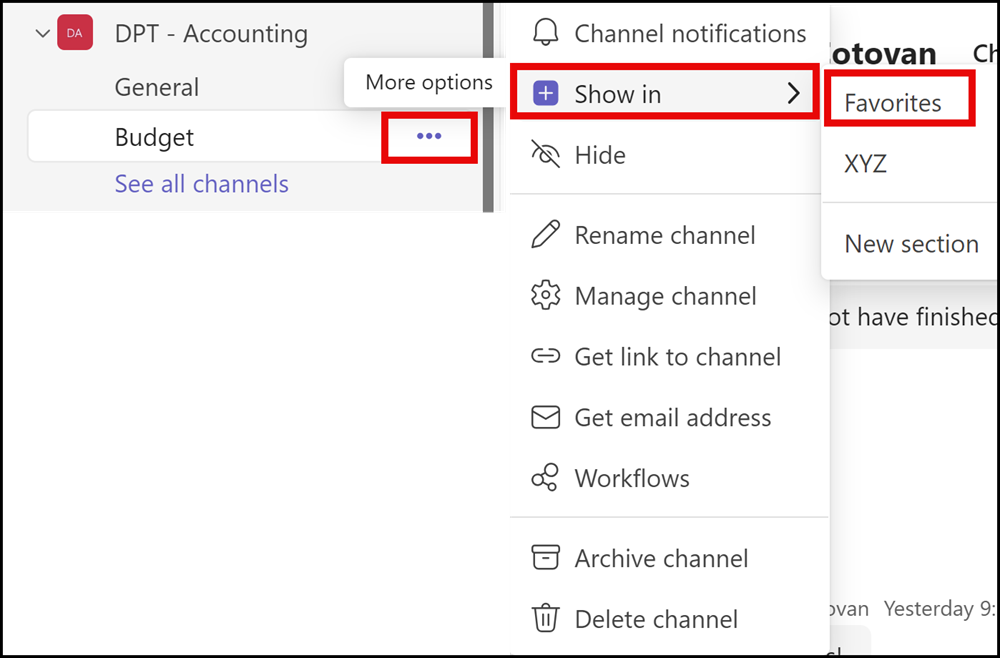 Add chats or channels to Favorites section Add chats or channels to Favorites section