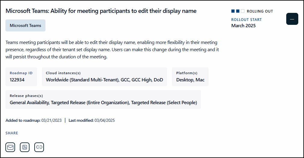 Microsoft Teams Roadmap - Meeting participants edit display name Microsoft Teams Roadmap - Meeting participants edit display name