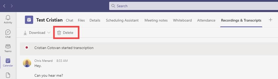 Delete a transcript in Teams meeting