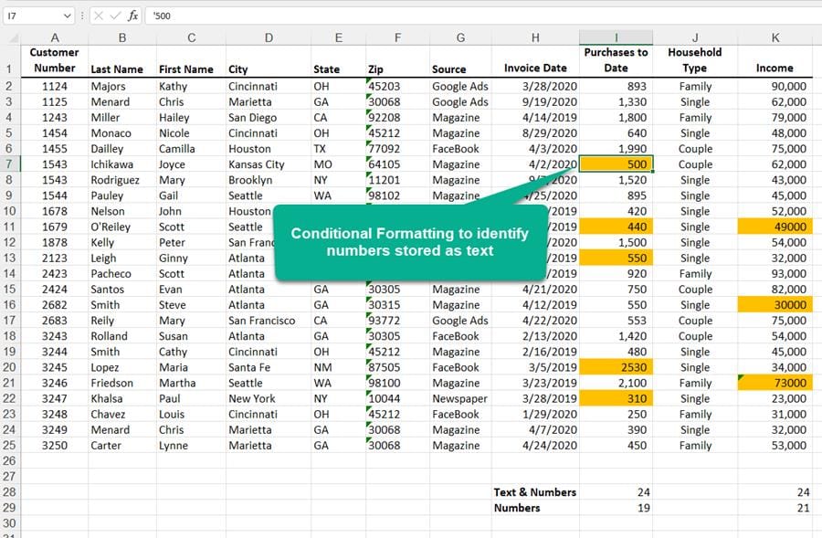 Excel identify numbers stored as text - conditional formatting method Excel identify numbers stored as text - conditional formatting method