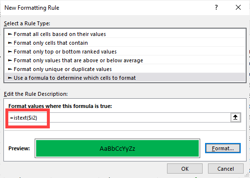 Conditional formatting - ISTEXT function Conditional formatting - ISTEXT function