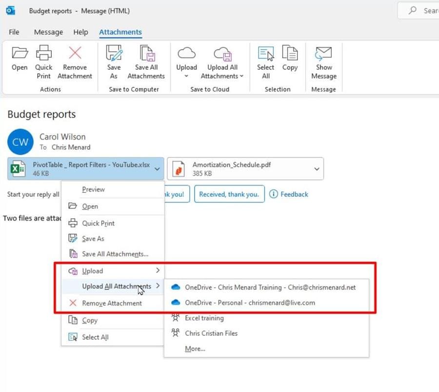 Upload attachments from Outlook to OneDrive directly Upload attachments from Outlook to OneDrive directly