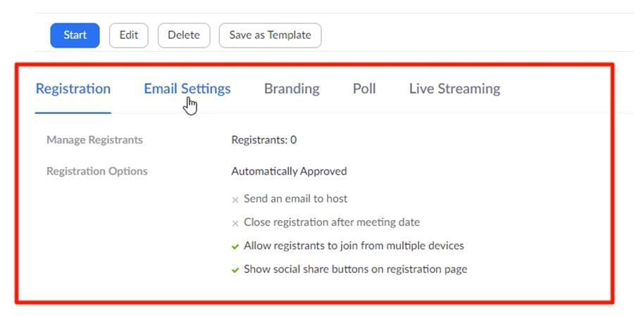 The registration info for a Zoom meeting is at the bottom of the screen after you've saved your meeting The registration info for a Zoom meeting is at the bottom of the screen after you've saved your meeting