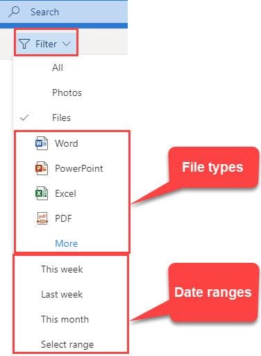 File view - Filter by file type and date ranges in Outlook on the web File view - Filter by file type and date ranges in Outlook on the web