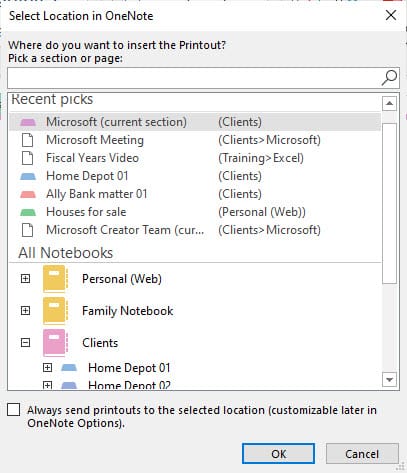 Select where the spreadsheet must be inserted into OneNote Select where the spreadsheet must be inserted into OneNote