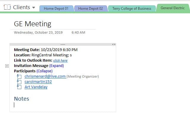 Meeting details inserted into OneNote from Outlook Meeting details inserted into OneNote from Outlook