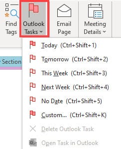 Drop-down on the ribbon allows creating tasks from OneNote to Outlook Drop-down on the ribbon allows creating tasks from OneNote to Outlook