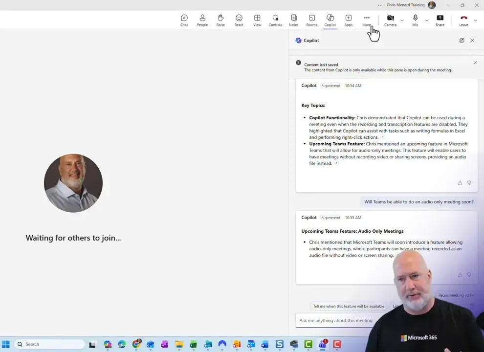 Microsoft Teams meeting screen with Copilot pane open showing 'Content isn't saved' and a card titled 'Upcoming Teams Feature: Audio Only Meetings'.